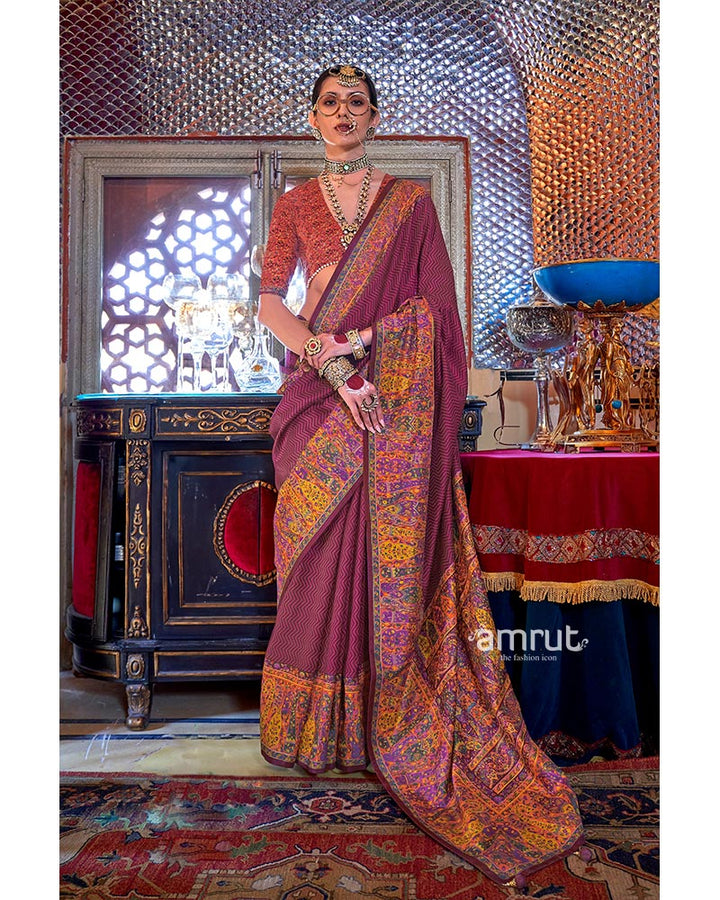 Rich Maroon Pashmina Silk Saree with Pink and Yellow Accent Border 01