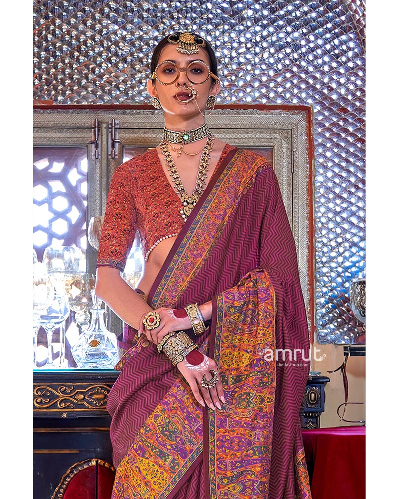 Rich Maroon Pashmina Silk Saree with Pink and Yellow Accent Border 02