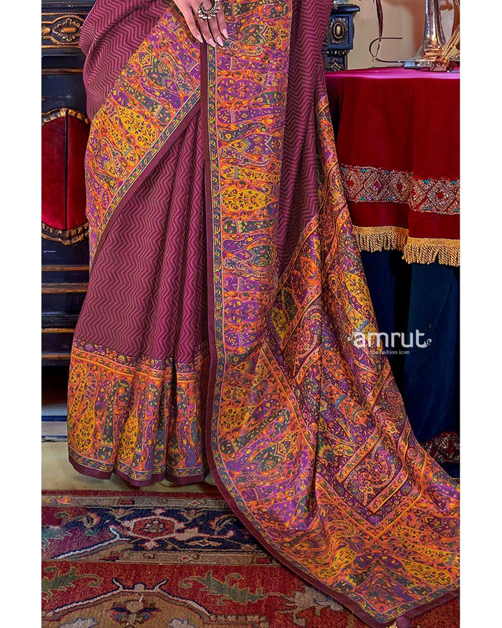 Rich Maroon Pashmina Silk Saree with Pink and Yellow Accent Border 03