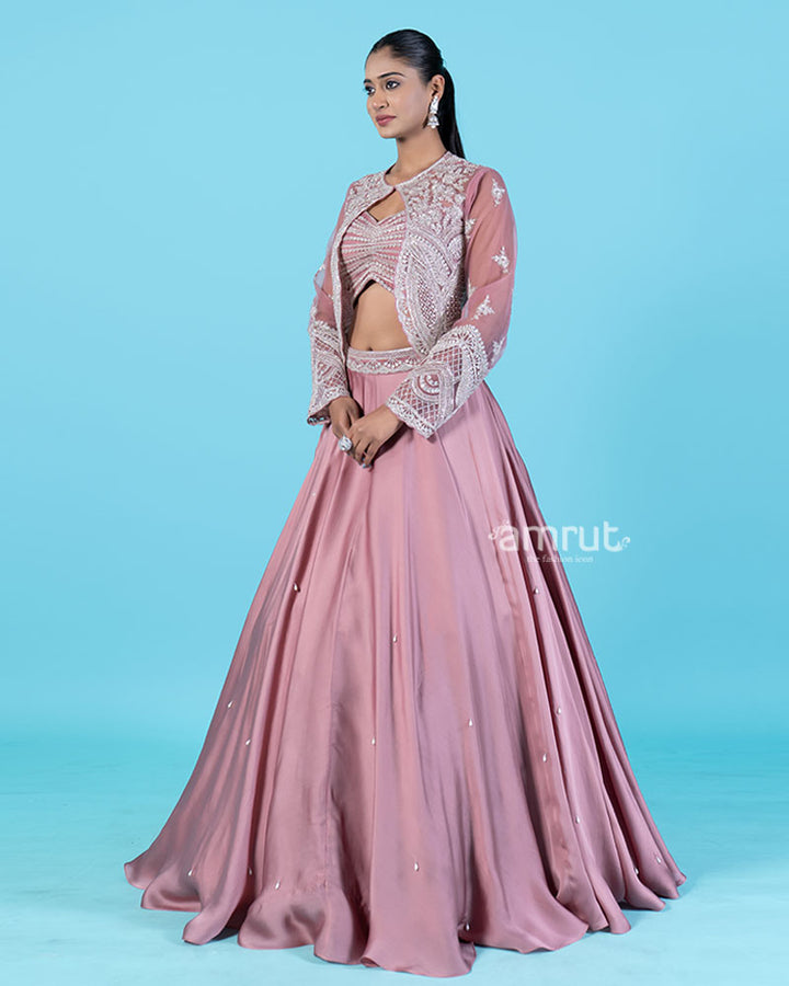 Rose-Pink Embroidered Jacket with Crop Choli and Flared Lehenga 04
