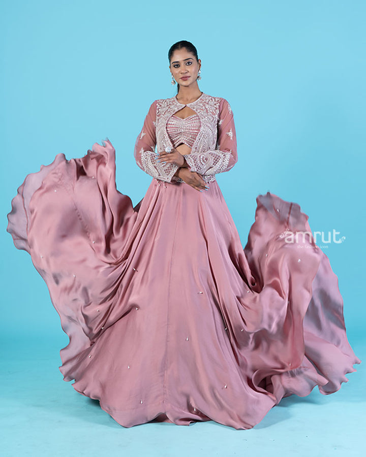 Rose-Pink Embroidered Jacket with Crop Choli and Flared Lehenga 05