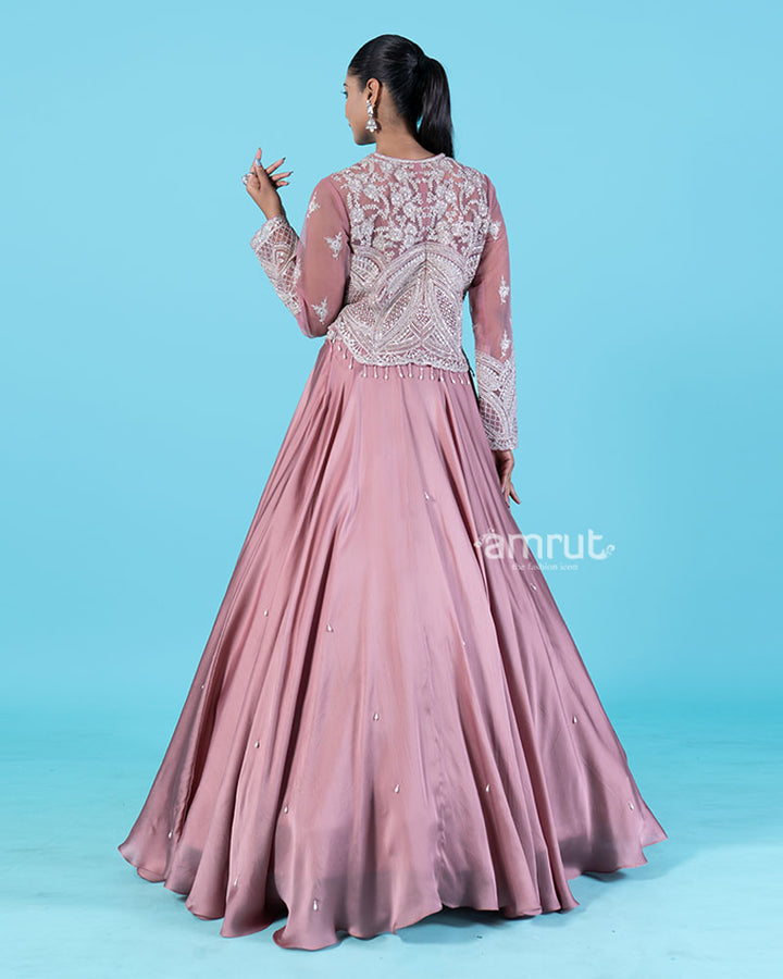 Rose-Pink Embroidered Jacket with Crop Choli and Flared Lehenga 06