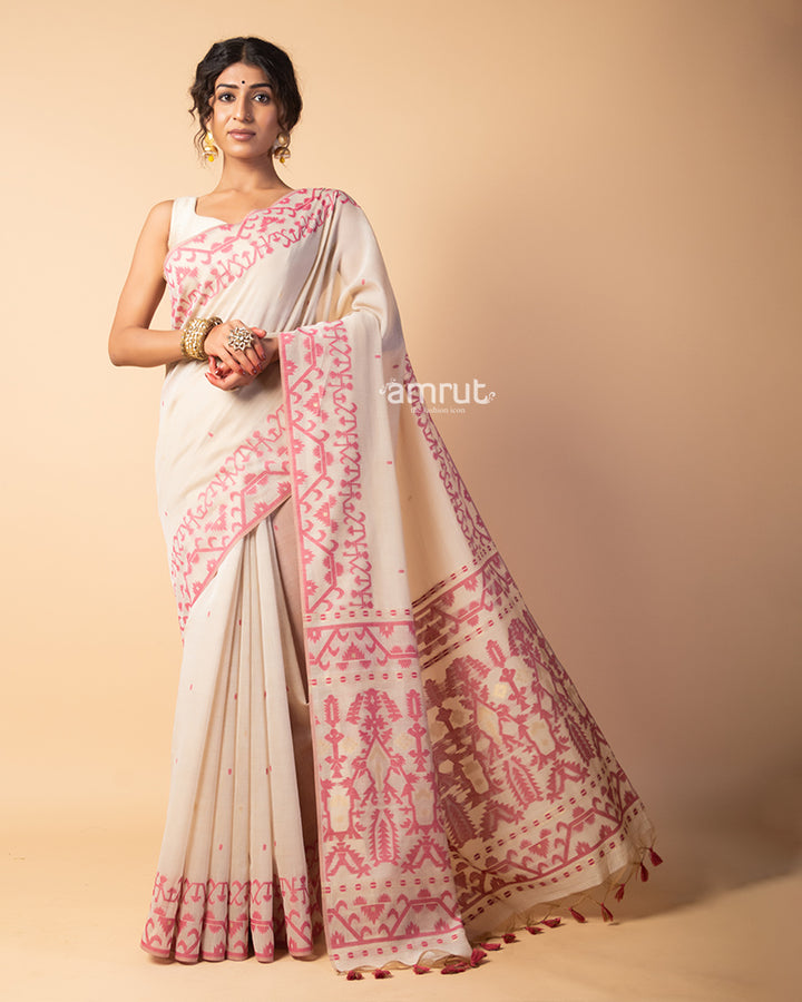 Rose Fog Pure Cotton Saree With Unstitched-Blouse