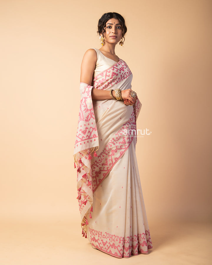 Rose Fog Pure Cotton Saree With Unstitched-Blouse