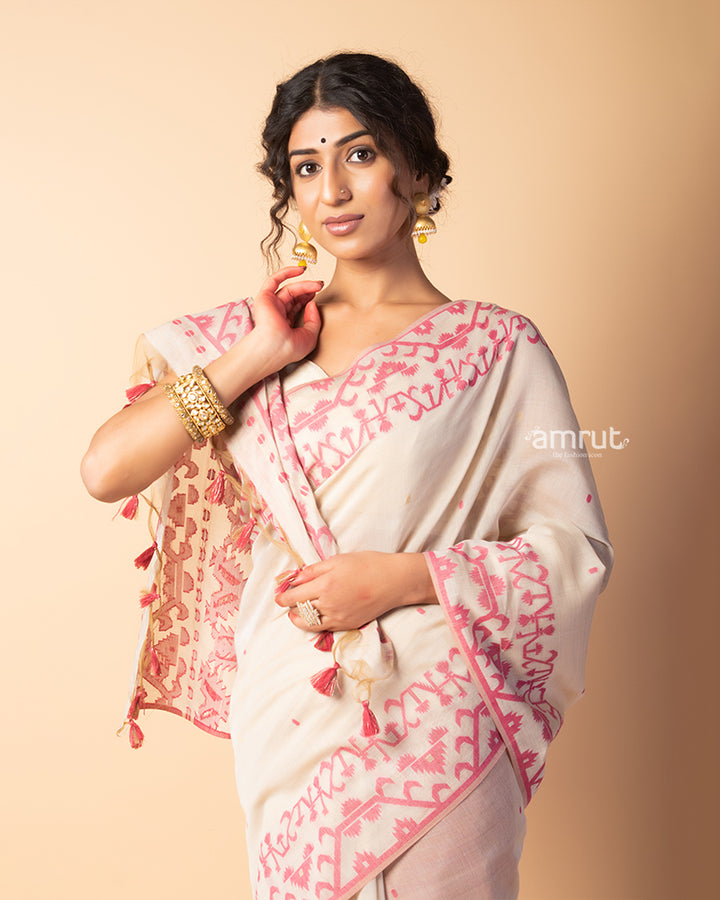 Rose Fog Pure Cotton Saree With Unstitched-Blouse