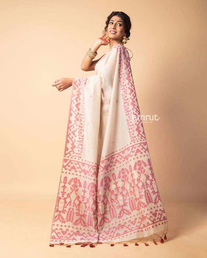 Rose Fog Pure Cotton Saree With Unstitched-Blouse