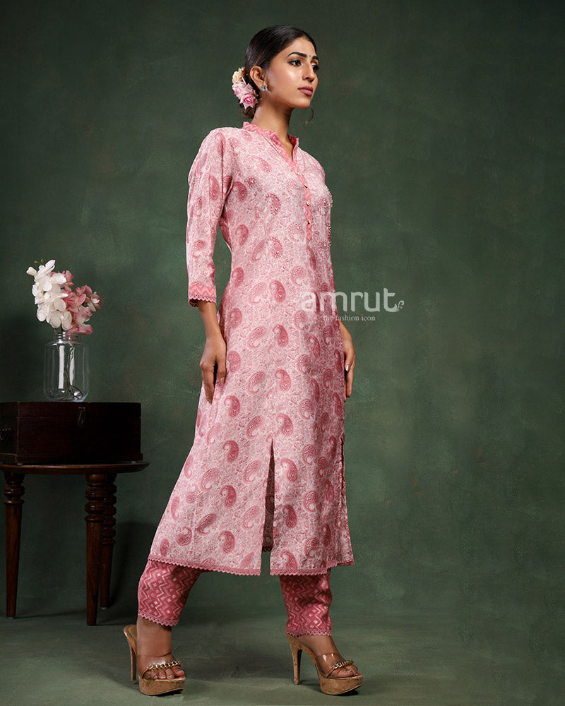 Rose Pink Cotton Printed Kurta Set with Dupatta