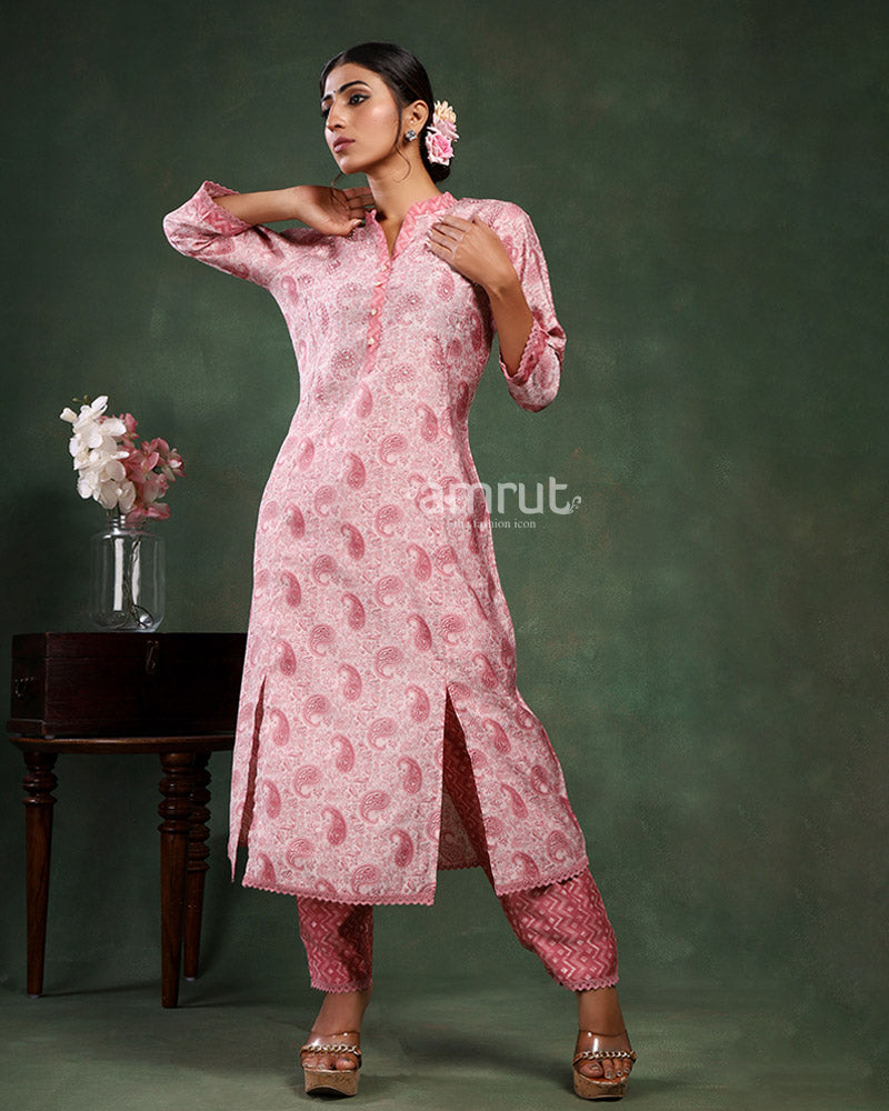 Rose Pink Cotton Printed Kurta Set with Dupatta