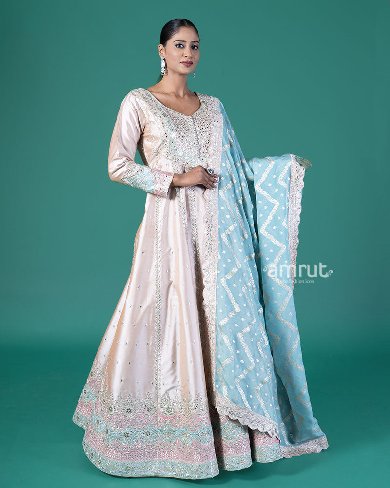 Rose Pink Embroidered Anarkali with Light Blue Dupatta 01