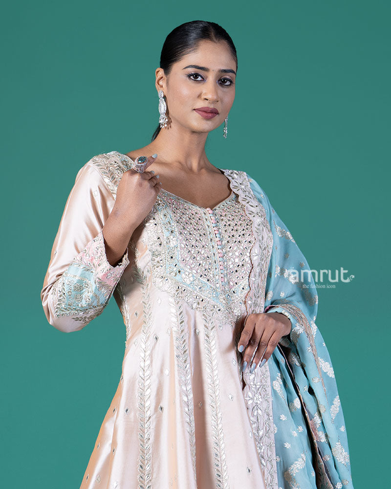 Rose Pink Embroidered Anarkali with Light Blue Dupatta 02