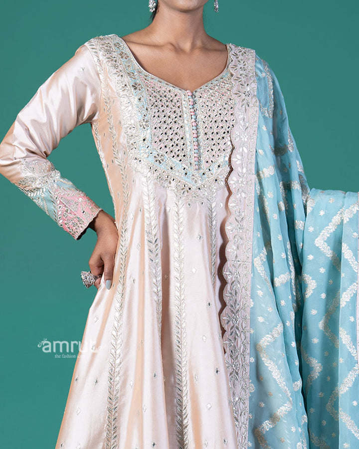 Rose Pink Embroidered Anarkali with Light Blue Dupatta 03