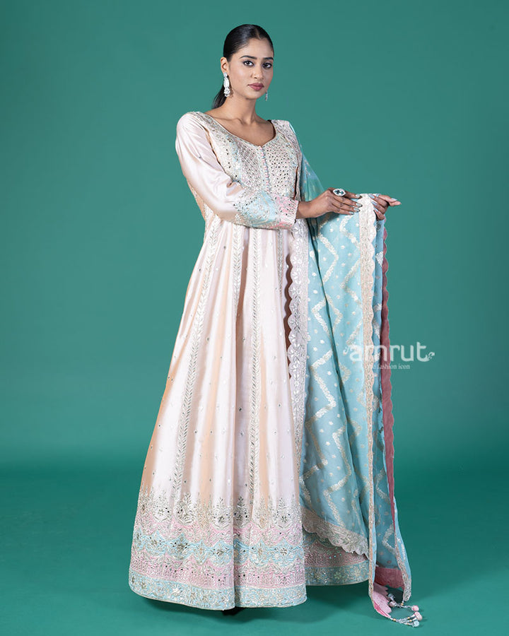 Rose Pink Embroidered Anarkali with Light Blue Dupatta 04
