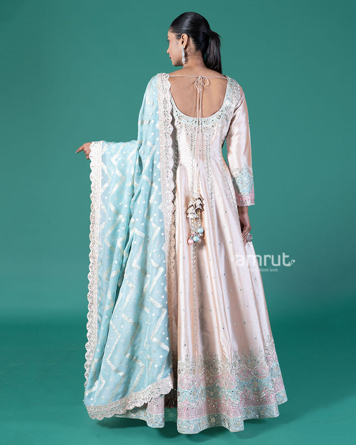 Rose Pink Embroidered Anarkali with Light Blue Dupatta 05