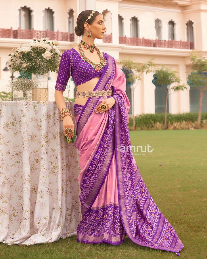 Rose Pink and Purple Border Silk Saree with Unstitched Blouse and Belt 01