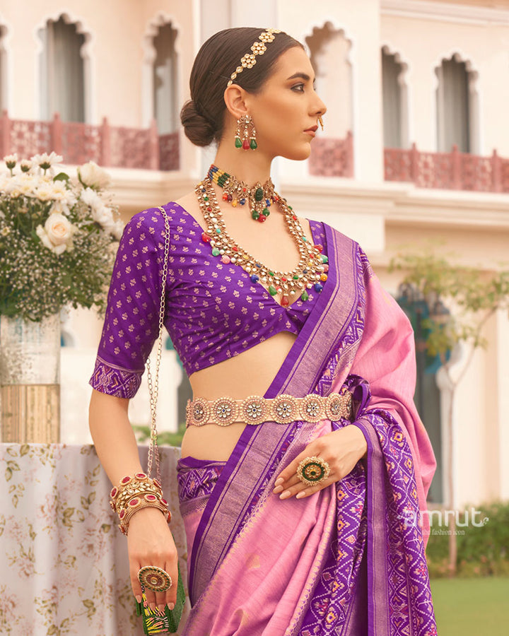 Rose Pink and Purple Border Silk Saree with Unstitched Blouse and Belt 02