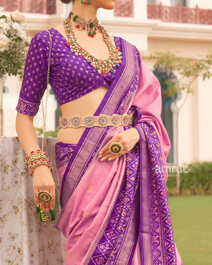 Rose Pink and Purple Border Silk Saree with Unstitched Blouse and Belt 03