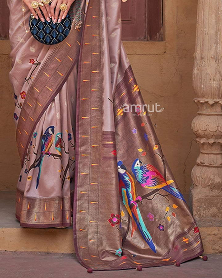 Rose gold Sparrow Printed Cotton Silk Saree for Festive Session
