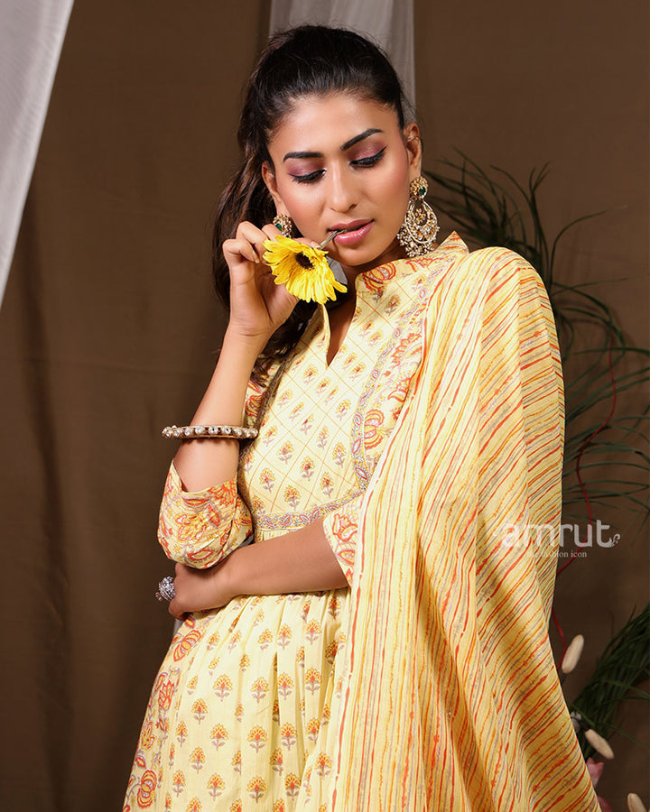 Rouge Yellow Floral Printed Co-ord Pant-kurta Set With Dupatta in Mul Cotton