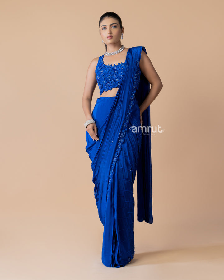 Royal Blue Ready to Wear Saree With Stitched Blouse