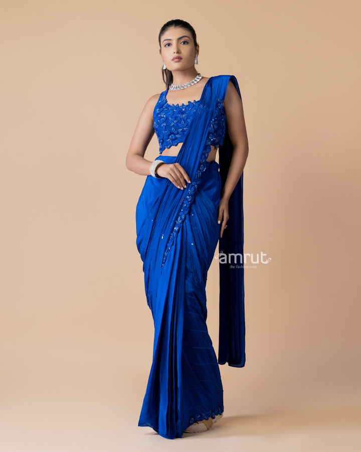 Royal Blue Ready to Wear Saree With Stitched Blouse