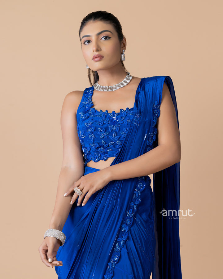 Royal Blue Ready to Wear Saree With Stitched Blouse