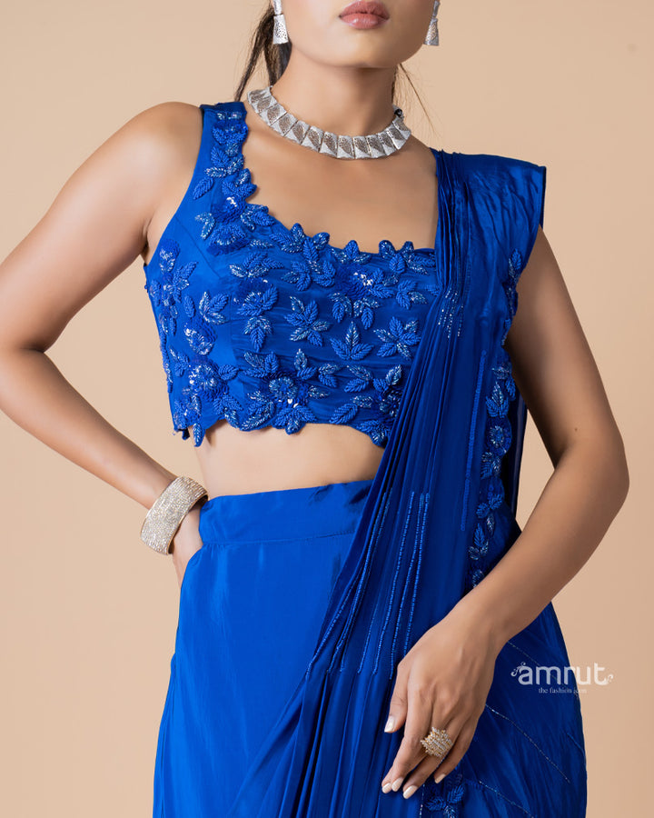 Royal Blue Ready to Wear Saree With Stitched Blouse