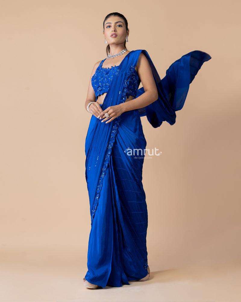 Royal Blue Ready to Wear Saree With Stitched Blouse