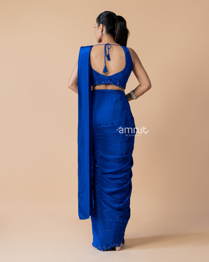 Royal Blue Ready to Wear Saree With Stitched Blouse