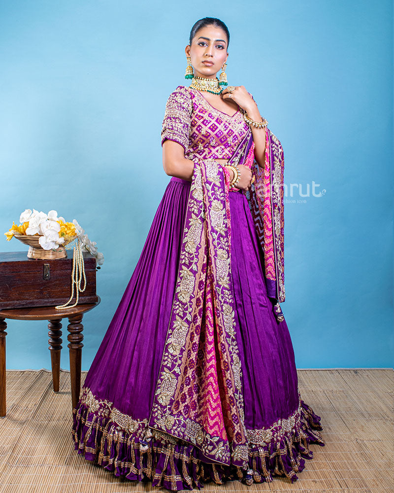 Stunning Royal Bandhani Purple Lehenga For Bride