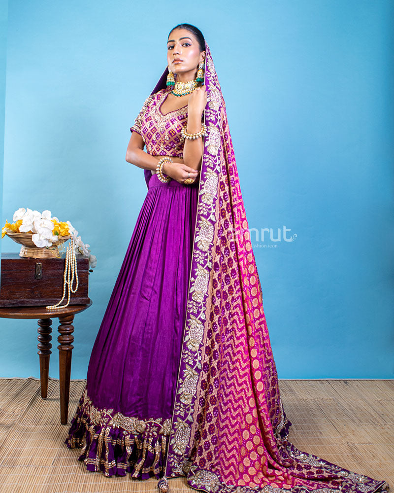 Stunning Royal Bandhani Purple Lehenga For Bride