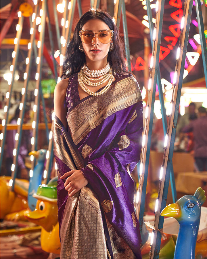 Royal Purple Banarasi Silk Saree With Zari Woven Border