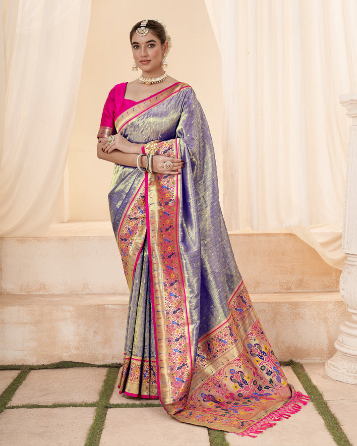 Royal Purple Embroidered Silk Saree With Zari Work Border And Pallu