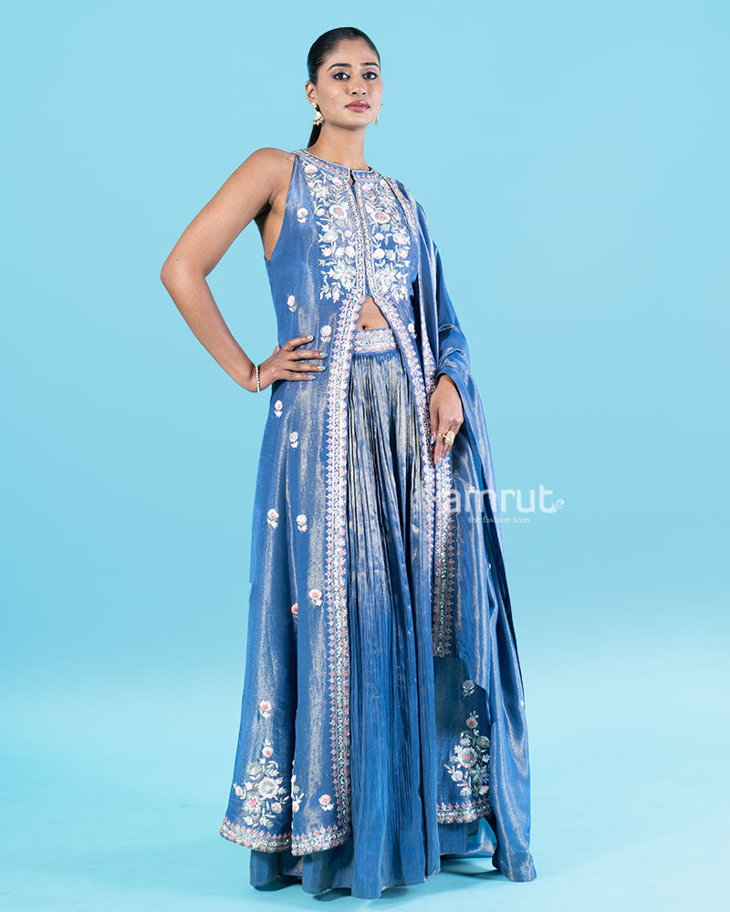 Royal Blue Embroidered Halter Neck Top with Floral Palazzo Set 01