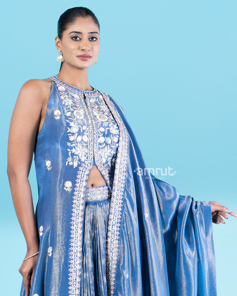 Royal Blue Embroidered Halter Neck Top with Floral Palazzo Set 02