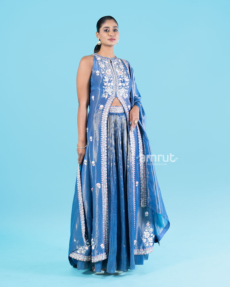 Royal Blue Embroidered Halter Neck Top with Floral Palazzo Set 04