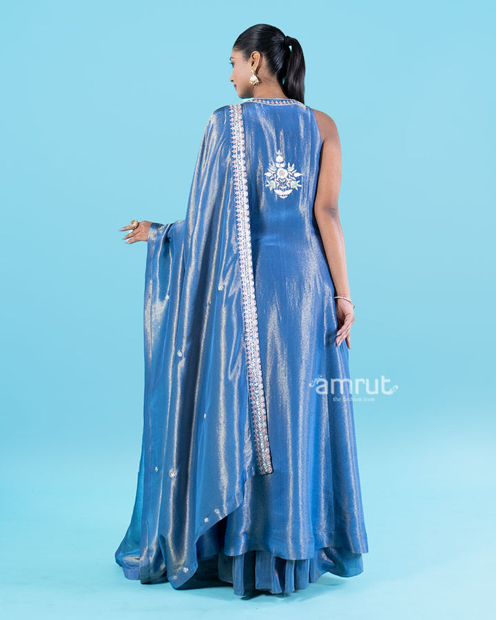 Royal Blue Embroidered Halter Neck Top with Floral Palazzo Set 05