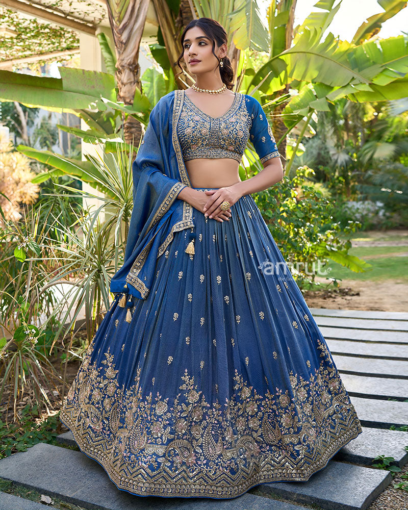 Royal Blue Golden Embroidered Lehenga Choli with Dupatta01