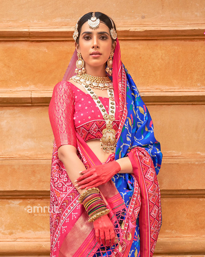 Royal Blue Patola Printed Saree with Pink Zari Border and Unstitched Blouse 02