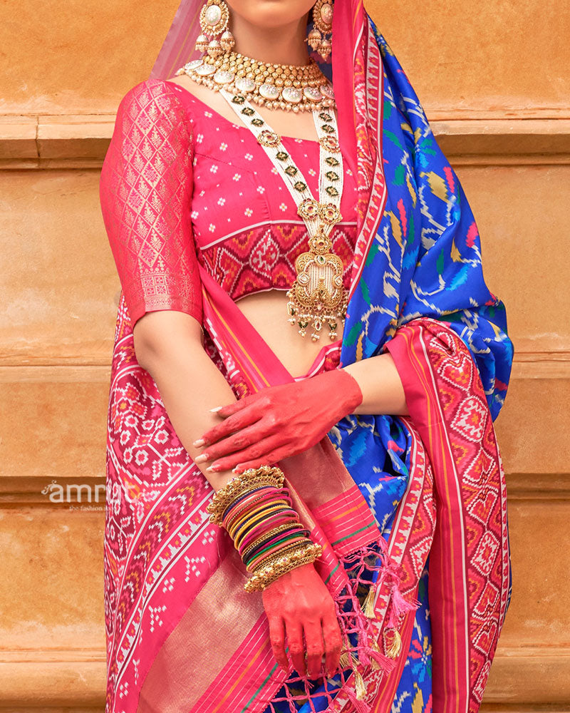 Royal Blue Patola Printed Saree with Pink Zari Border and Unstitched Blouse 03