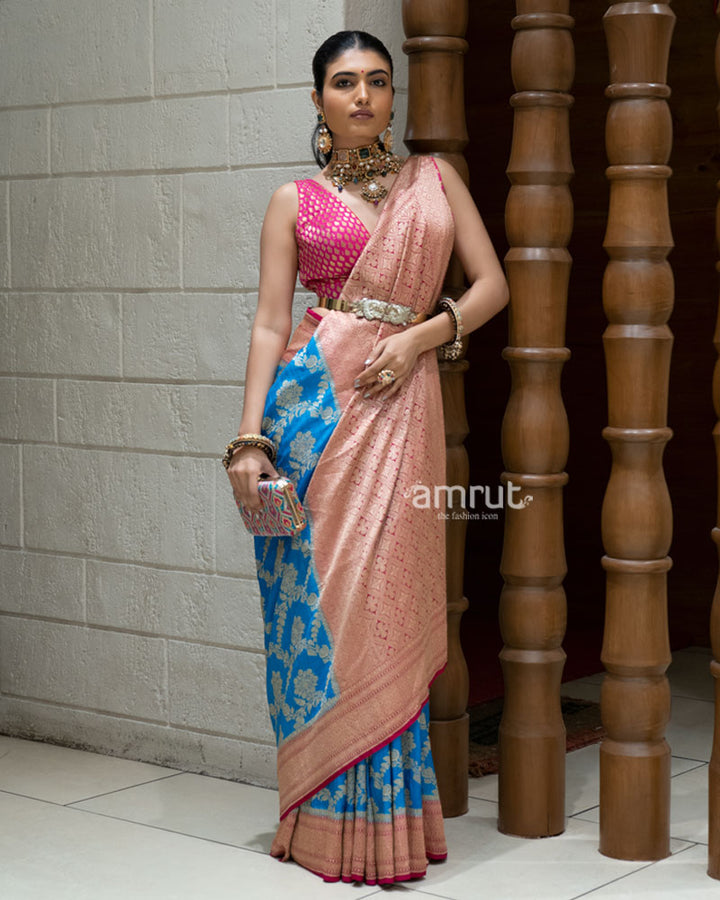 Royal Blue and Peach Pink Banarasi Silk Saree with Unstitched Blouse 01