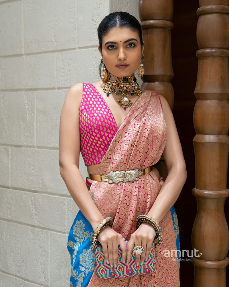 Royal Blue and Peach Pink Banarasi Silk Saree with Unstitched Blouse 02