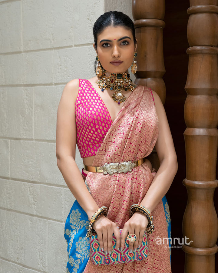 Royal Blue and Peach Pink Banarasi Silk Saree with Unstitched Blouse 02