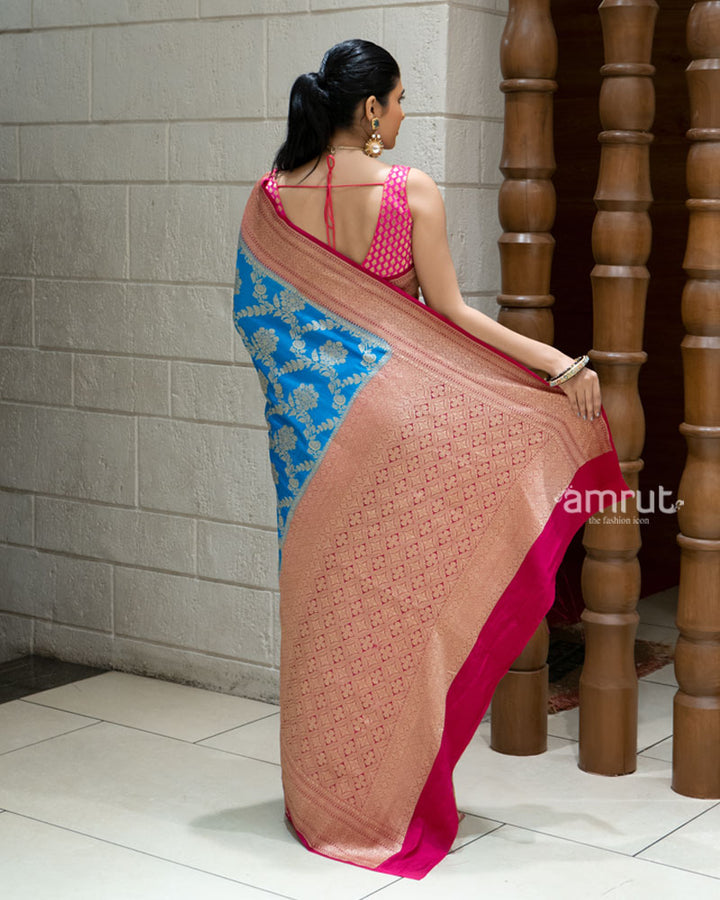 Royal Blue and Peach Pink Banarasi Silk Saree with Unstitched Blouse 04