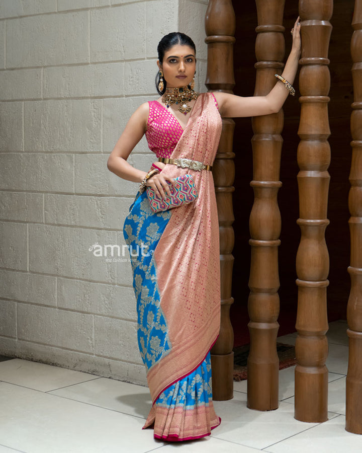 Royal Blue and Peach Pink Banarasi Silk Saree with Unstitched Blouse 05