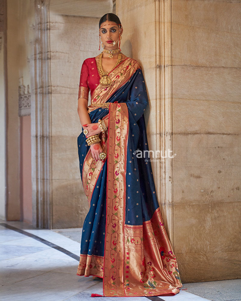 Royal Blue with Red Zari Border Paithani Silk Saree and Unstitched Blouse 01