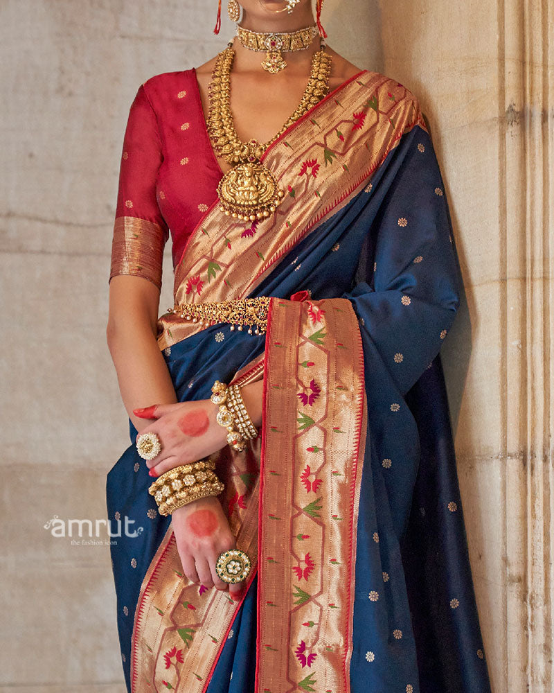 Royal Blue with Red Zari Border Paithani Silk Saree and Unstitched Blouse 02