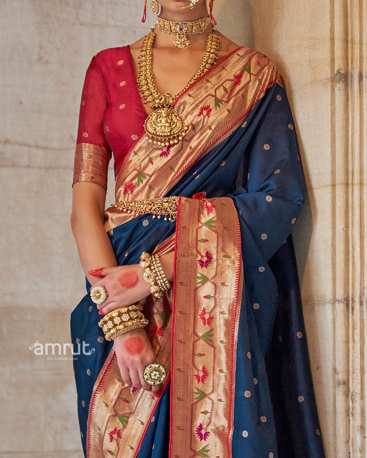 Royal Blue with Red Zari Border Paithani Silk Saree and Unstitched Blouse 02