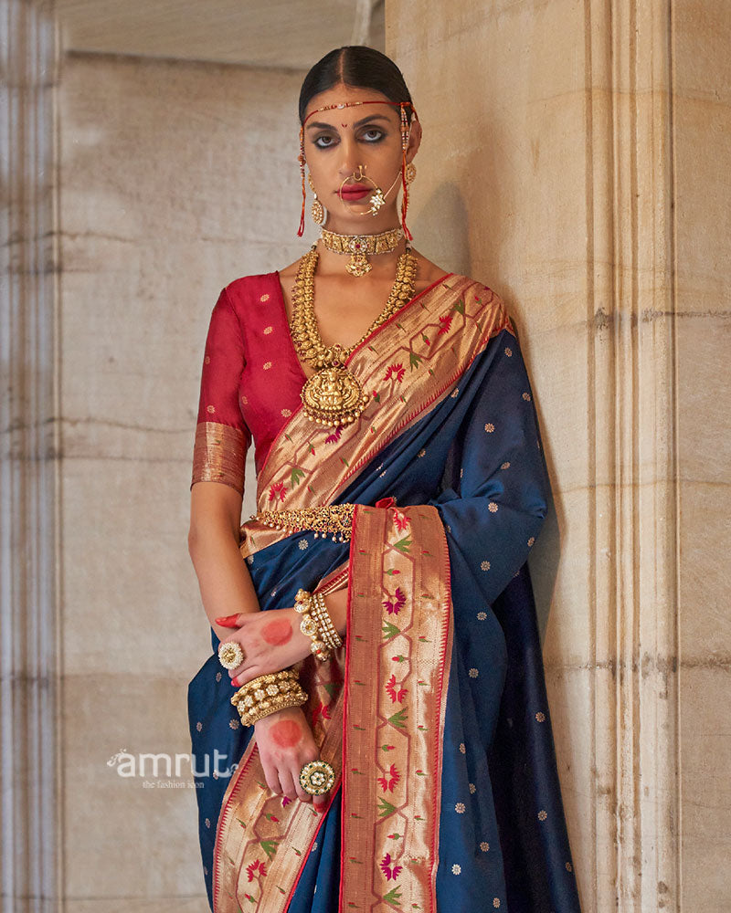 Royal Blue with Red Zari Border Paithani Silk Saree and Unstitched Blouse 03