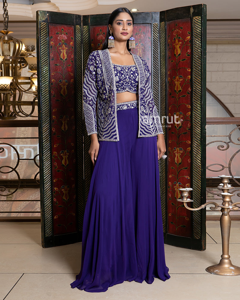 Royal Purple Palazzo Set with Hand Embroidered Jacket 01