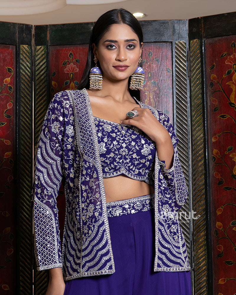 Royal Purple Palazzo Set with Hand Embroidered Jacket 02